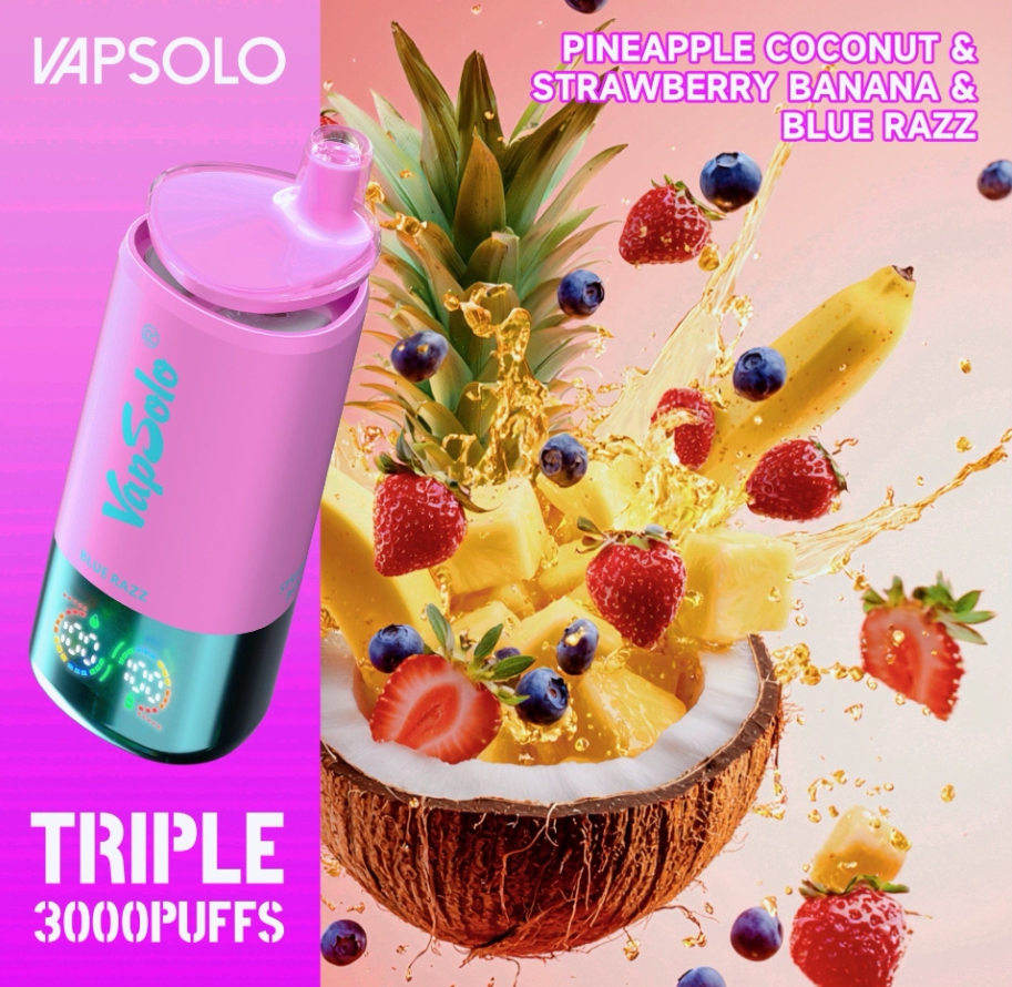 VapSolo TRIPLE 30000 Puffs Vape: Ananas Hindistancevizi, Çilek Muz ve Mavi Razz ile Elektronik Sigara Deneyiminde Yeni Bir Çağ